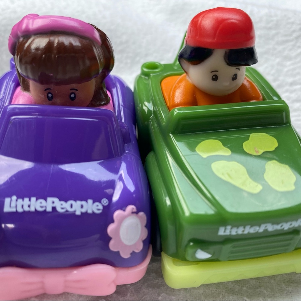 Little People Wheelies Car Racers with drivers, purple pink green, Fisher-Price